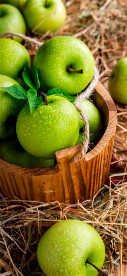 صور خلفية  ثمار التفاح الاخضر اليانعة في سلة خشبية  للجوال