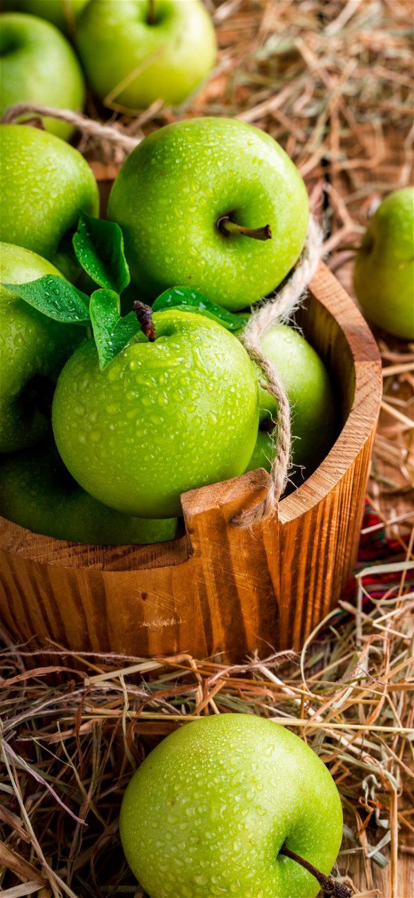 خلفية ثمار التفاح الاخضر اليانعة في سلة خشبية للجوال